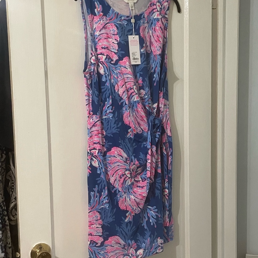 NWT Lilly PulitzerBryson dress with ruched tie on side.Blue & Pink Floral Dress